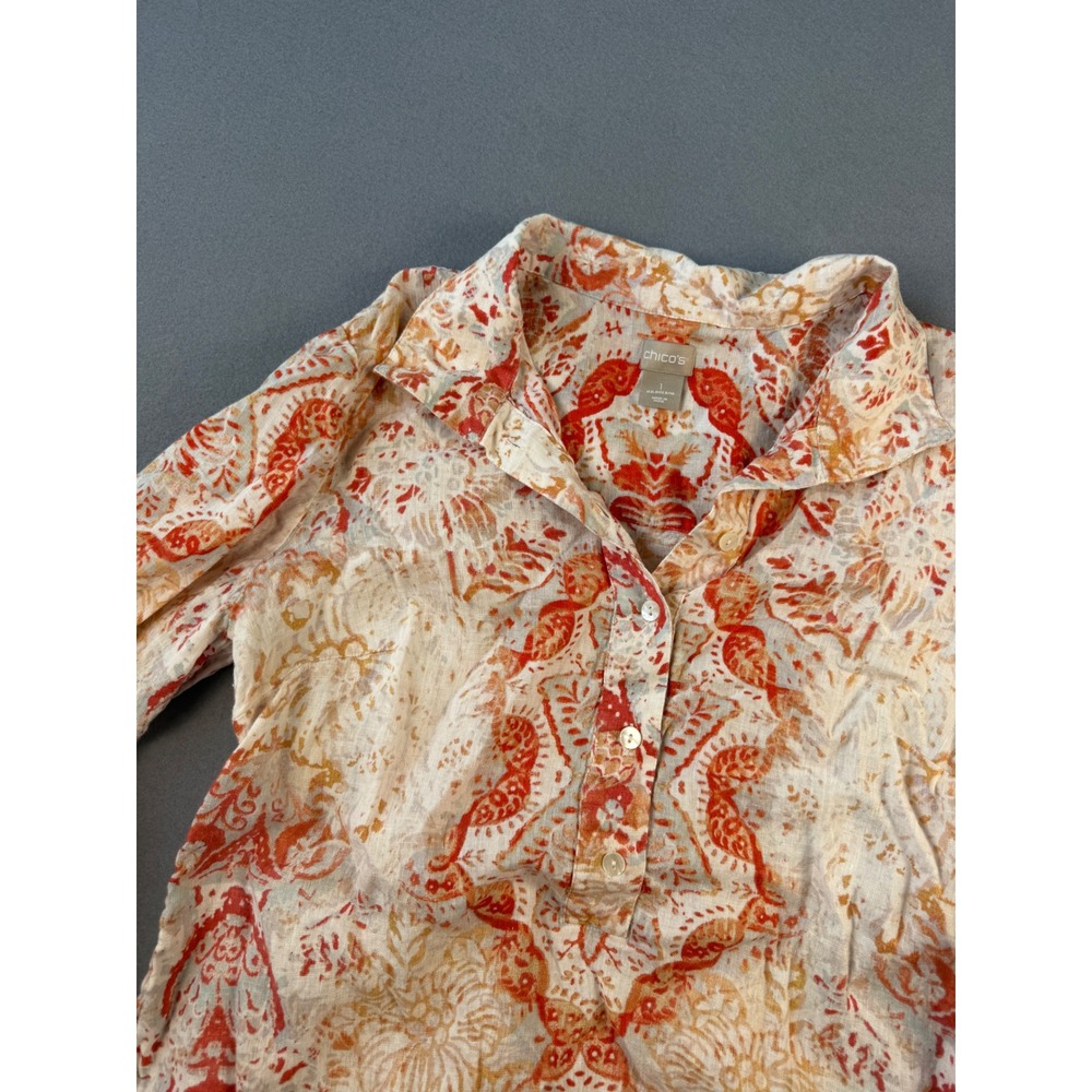 Chico's Women Orange Paisley 100% Linen Tunic Shirt Size 1 US 8/10 Long Sleeve